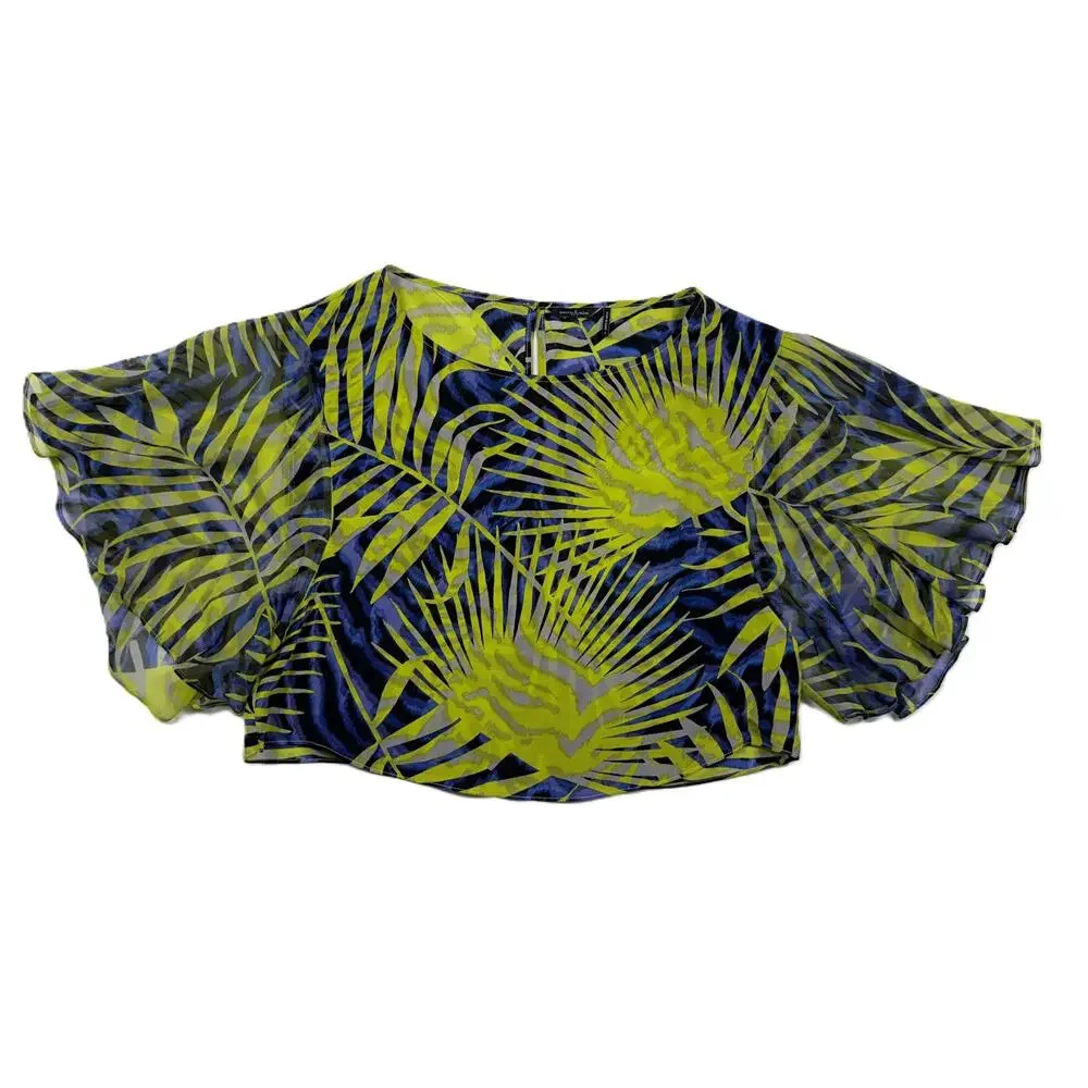 Guess by Marciano cropped chiffon Hawaiian print blouse vacation resort top Sz S - Picture 2 of 9